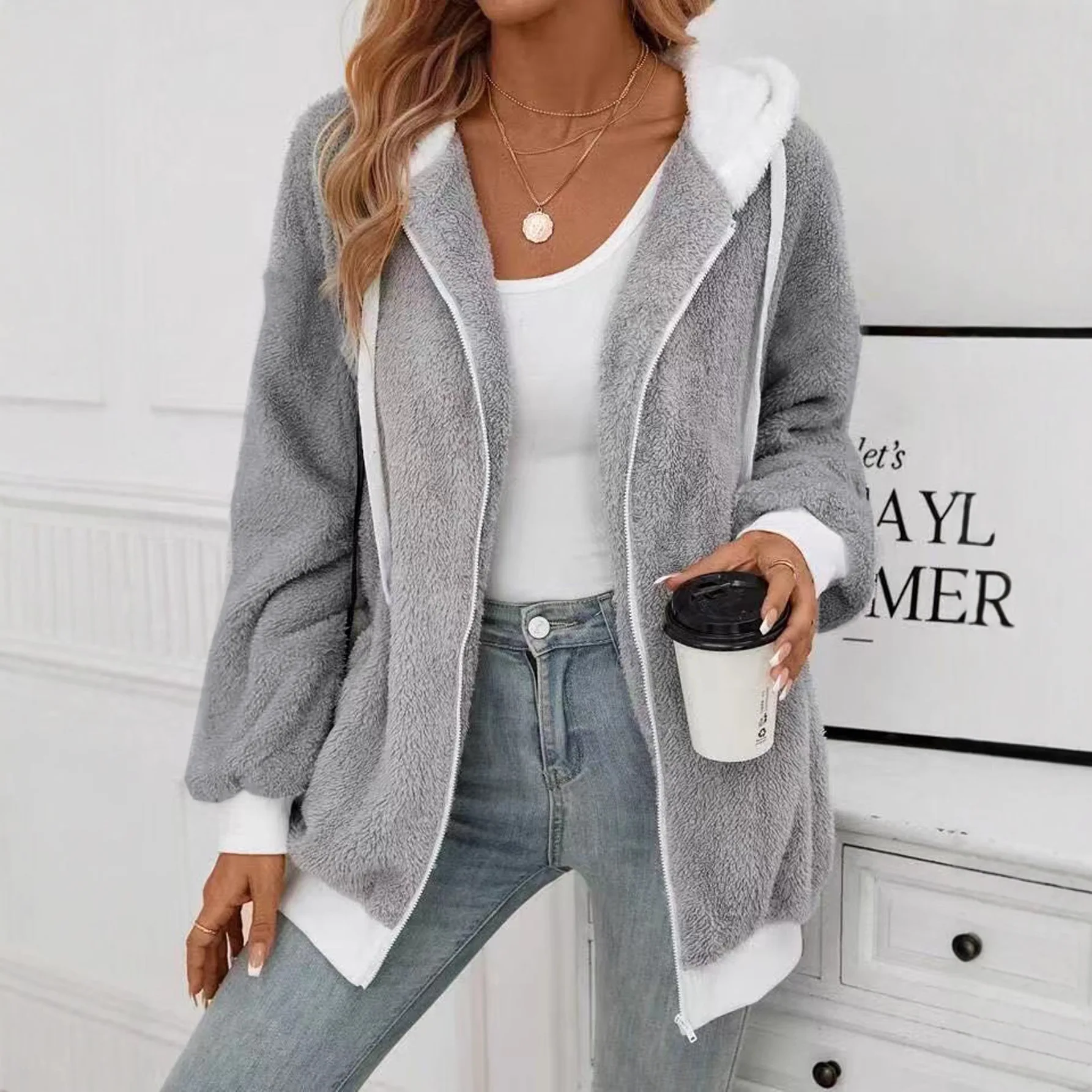 

Color Matching Double-sided Plush Zipper Cardigan Casual Women's Autumn and Winter Plush Jacket
