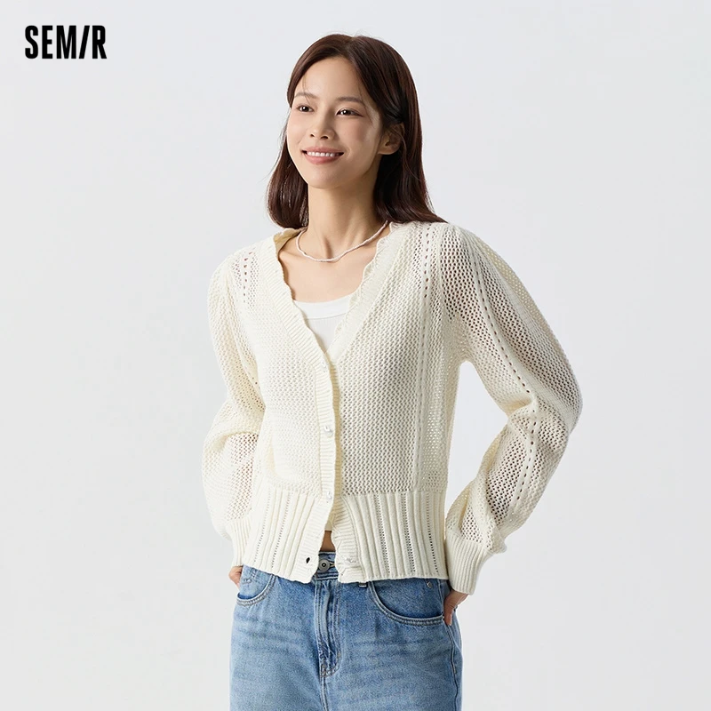 Semir 2024 Knitted Cardigan Women Short Puff Sleeve French Style Spring New White Hollow Texture V-Neck Top