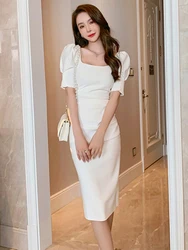 Sweet Bodycon Dress Women Simple Elegant Sexy White Black Bubble Sleeve Skinny Midi Dress Backless Gown Holiday Street Vestidos