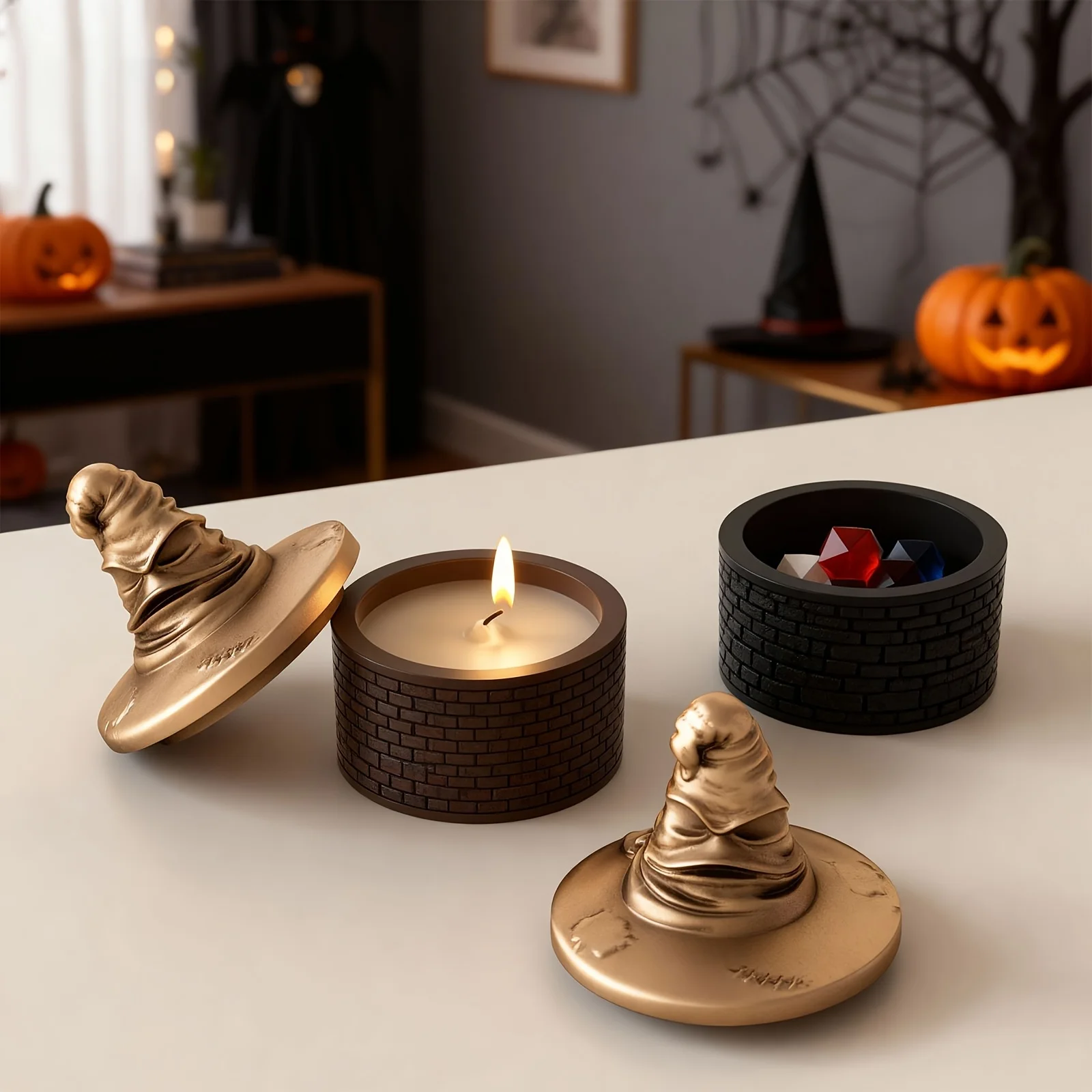 Molde de silicona de resina con tapa para vaso de vela con forma de sombrero de mago - Portavelas para velas de té y molde de yeso y hormigón para joyería