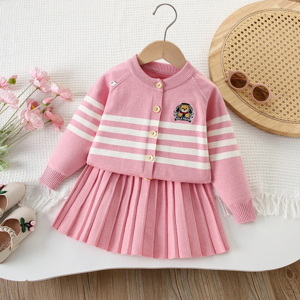Girls Dress Clothes Sets Spring Autumn Children Woolen Jersey Sweaters Coats Skirts 2pcs Knitted Suit For Baby Cute Outfits Kids