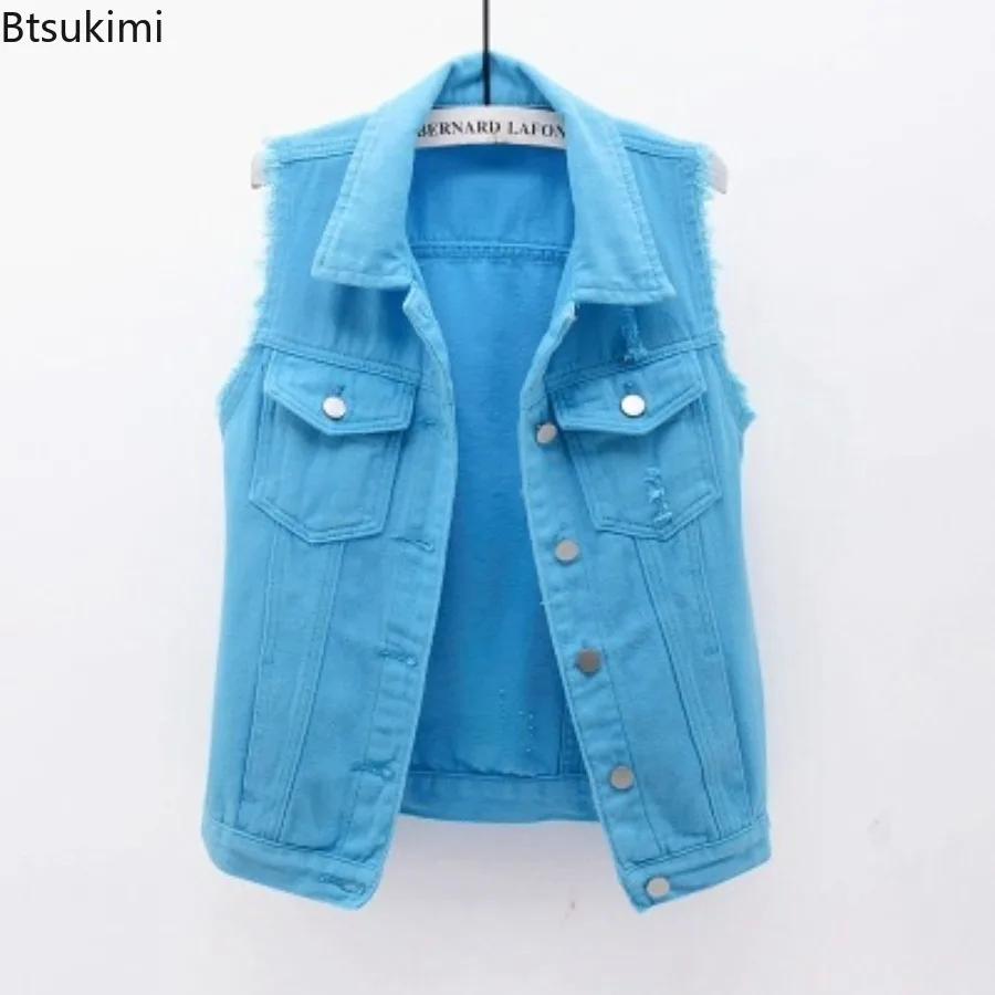 2026 New Women Spring Autumn Multi Colored Denim Vest Fashion Sleeveless Denim Jacket Vest Single Breasted Jean Waistcoat Coats