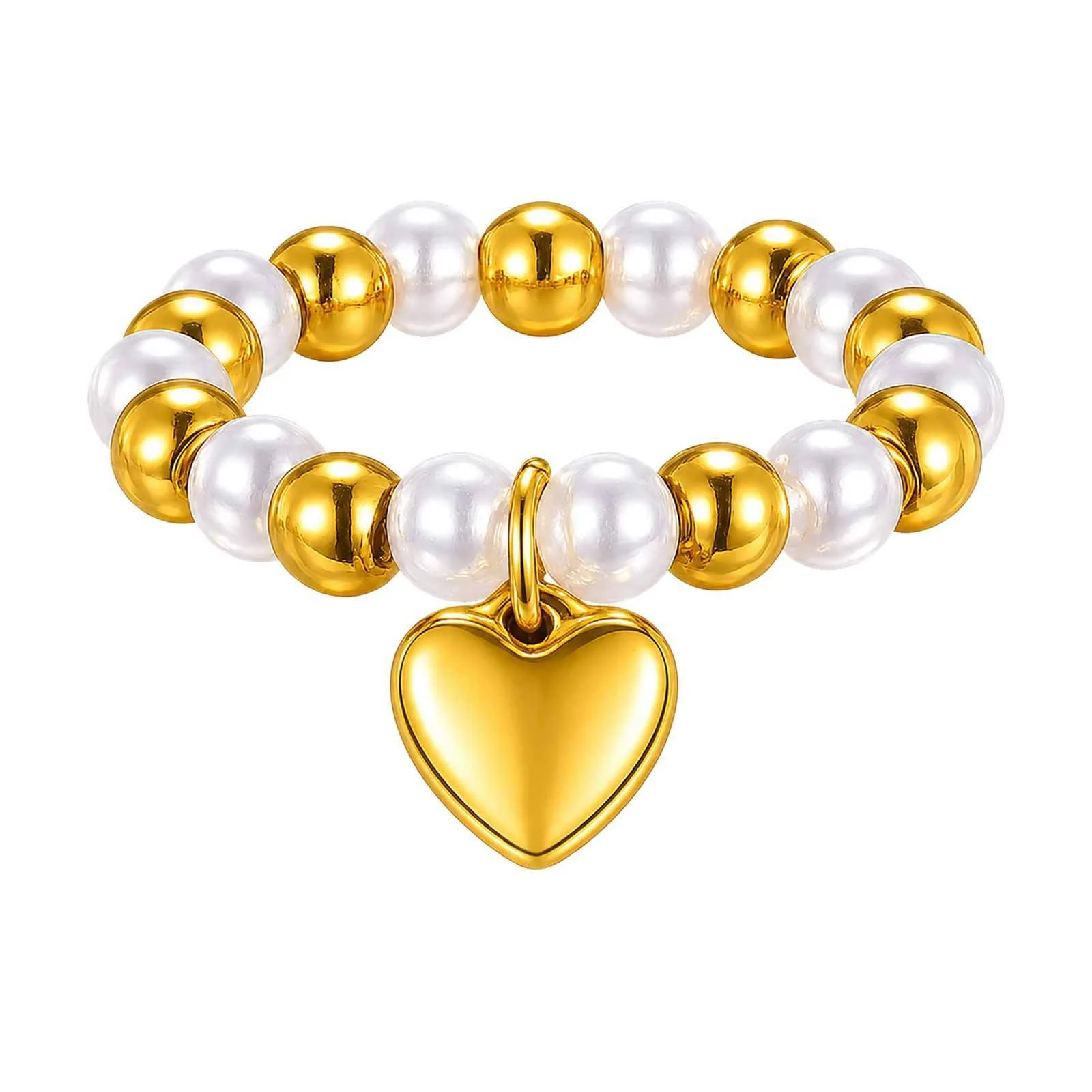 Stainless steel heart-shaped imitation pearl steel bead ring - luxurious and simple design for women, model RC-987