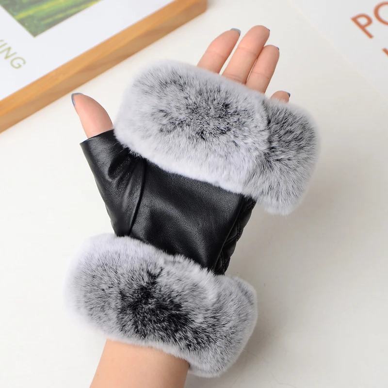 Fingerless Gloves Women Natural Rabbit Fur Glove Winter Fashion Warm Genuine Leather Fingerless Gloves Women Rabbit Fur Mittens