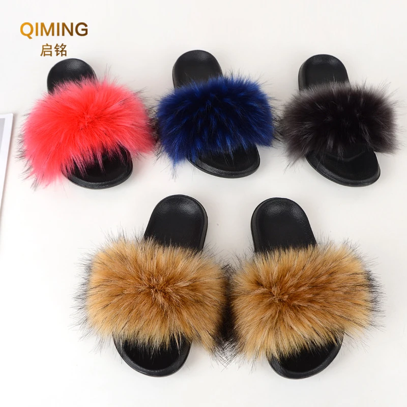 Faux Fur Slippers Summer Fur Slides For Women Furry Slippers Fluffy Sandals Open Toe Fuzzy Indoor Outdoor Shoes Plush Flip Flops