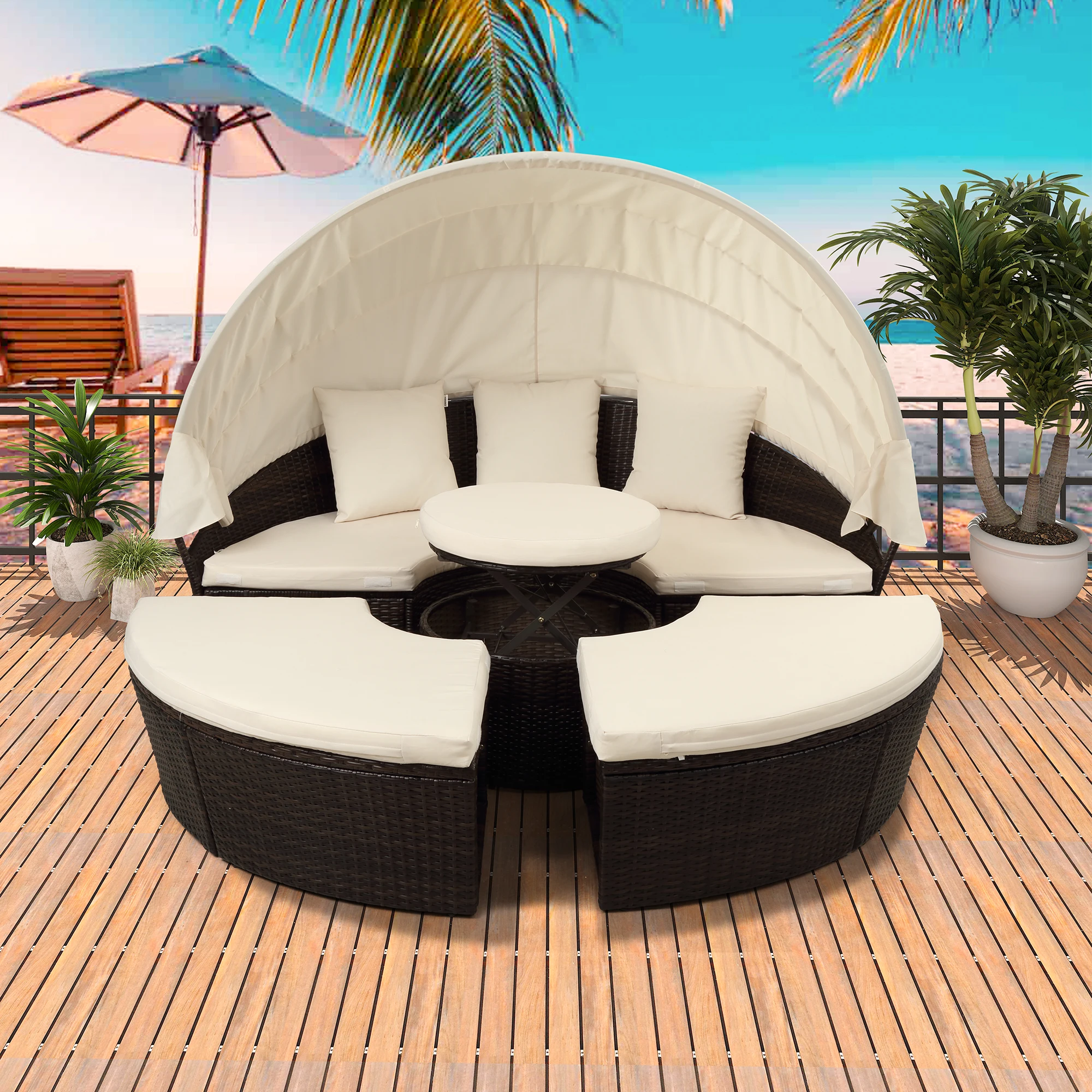 Patio Set 4-Piece Brown Poly Rattan Blue Cushion Combined 2 Blue Pillows Sectional Option Sofa Sets