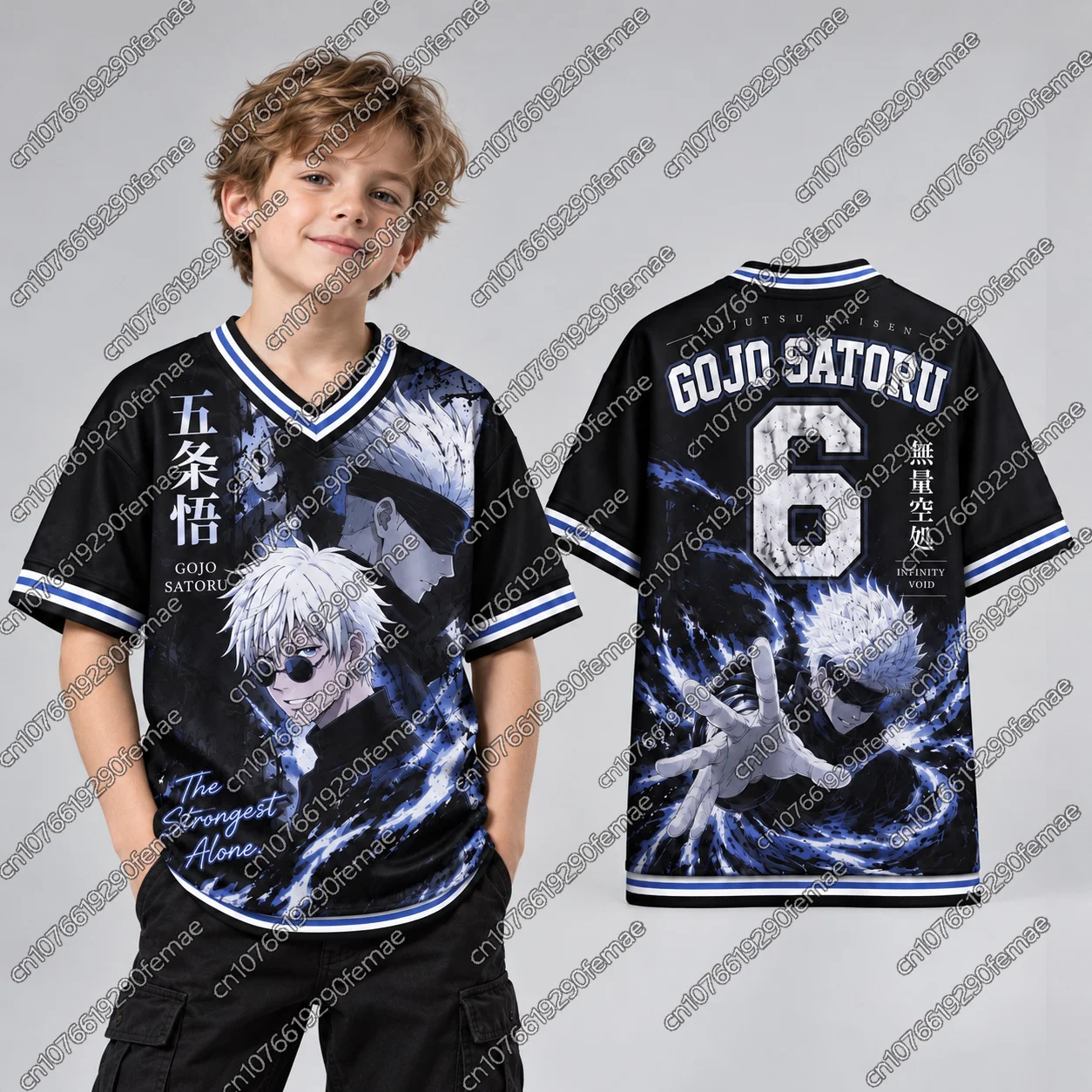 2026 Neues Gojo Satoru T-Shirt für Kinder, JUJUTSU KAISEN Anime, V-Ausschnitt, Jersey-Shirt, Sommerkleidung, Halloween- und Weihnachtsgeschenk, Oberteil für Jungen und Mädchen – Detail 7