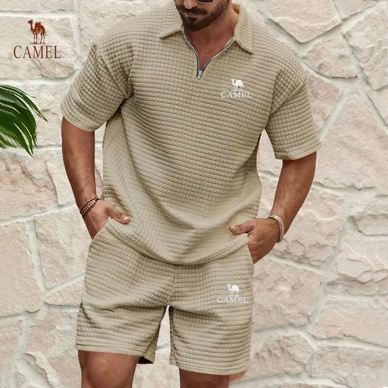 

Summer Men's High-quality Embroidered Waffle Grid Two-piece Set, Fashionable and Casual Multifunctional Sportswear Top