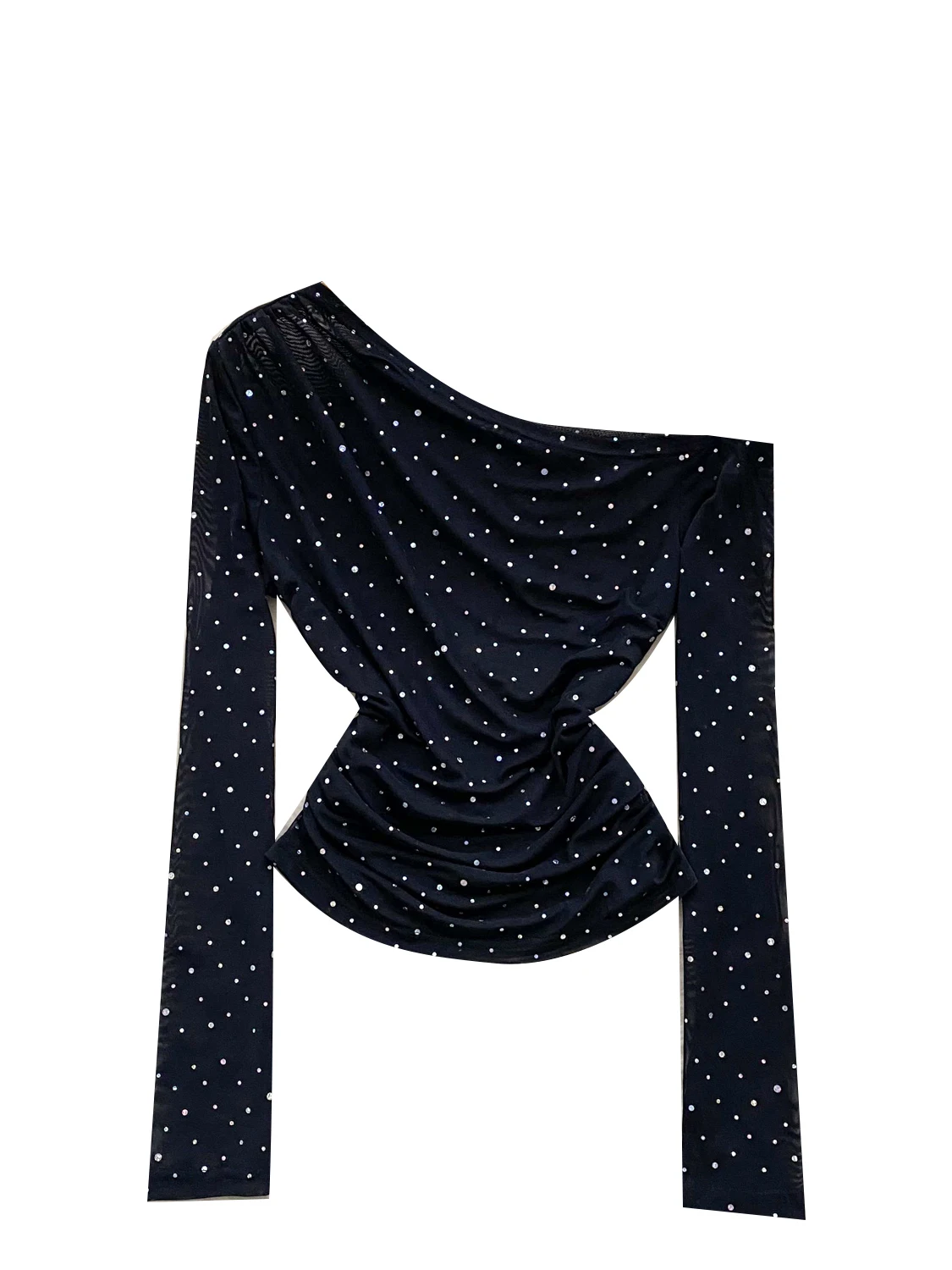 

Женская футболка с длинными рукавами и блестками, осень 2024, сексуальный косой воротник с открытыми плечами, облегающий сетчатый топ для похудения