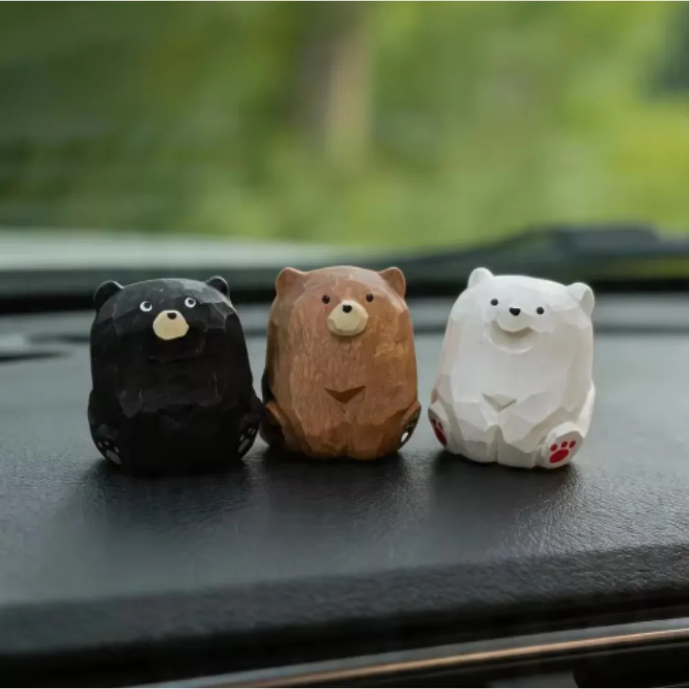 1PCS Creative handmade wood carving teddy bear ornament, cute solid wood carving small animal tabletop decoration craft gift