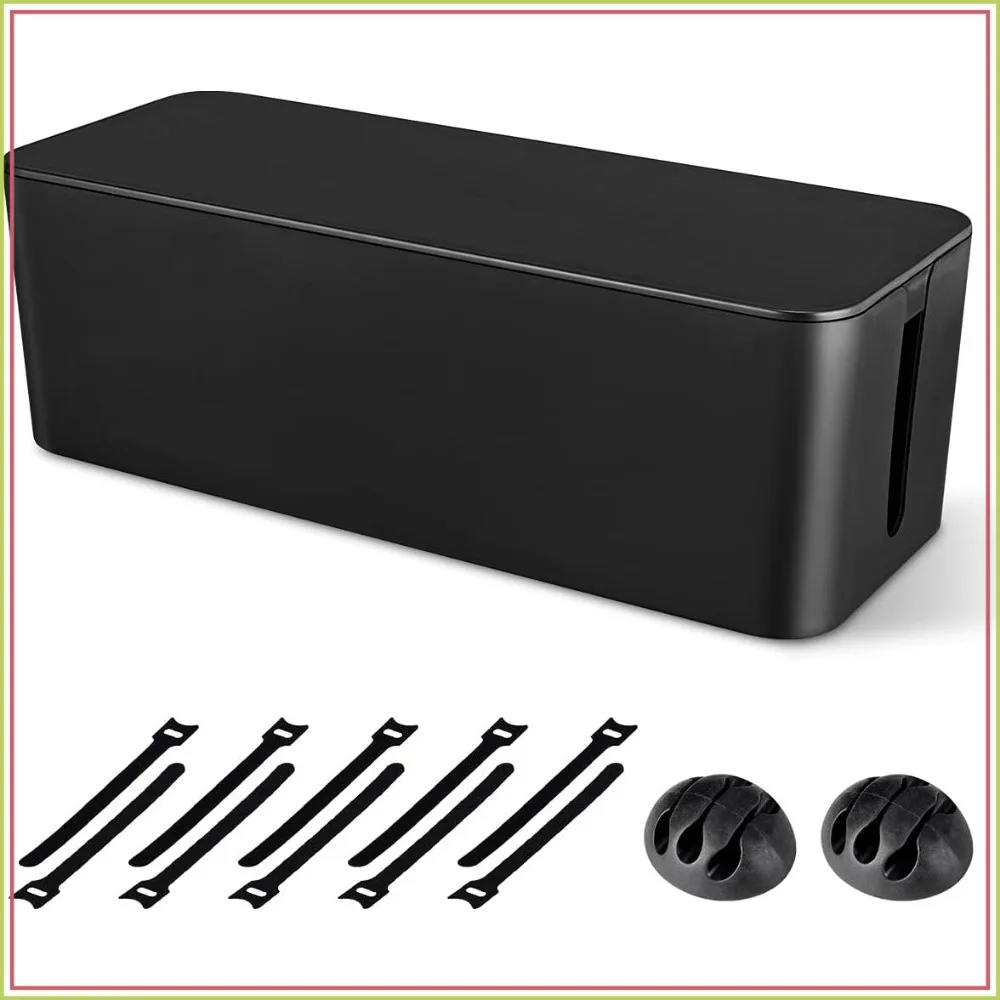 Cable Management Box, Large Cord Organizer to Hide Power Strip & Under Desk, TV Computer Wires Organizer with Cable Clips & Reusable Ties for Home Office