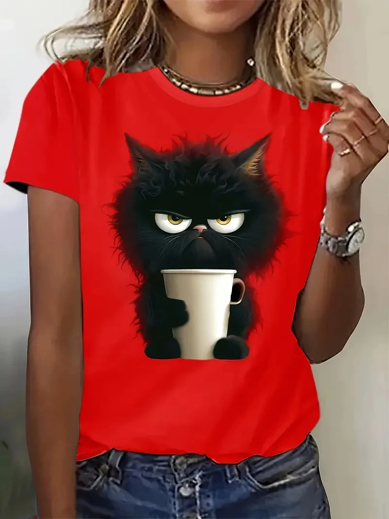 

Women's T Shirt Tee Cat Daily Weekend Black Print Short Sleeve Fashion Funny Round Neck Regular Fit Summer