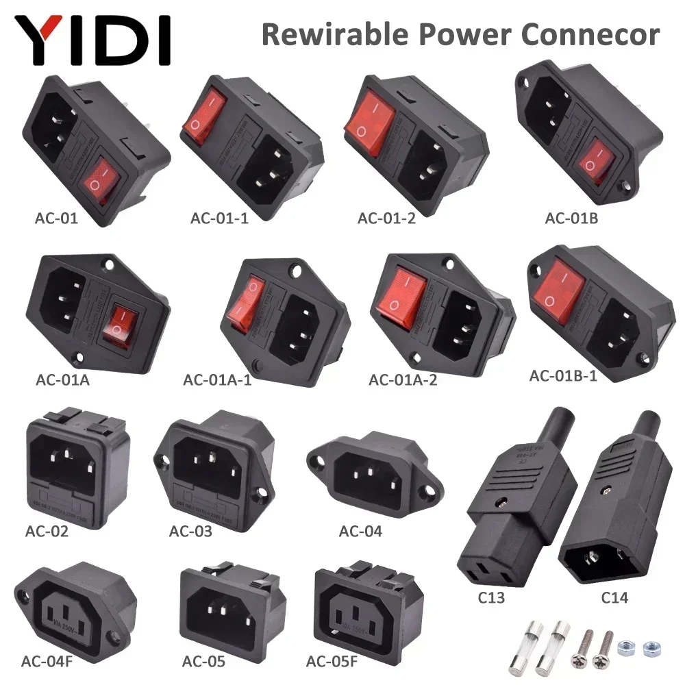 IEC 320 C13 C14 Wlot AC Gniazdo wtyczki zasilania 250V 10A Bezpiecznik Czerwona lampa Przełącznik kołyskowy Rewirable 3-pinowe elektryczne męskie złącze żeńskie