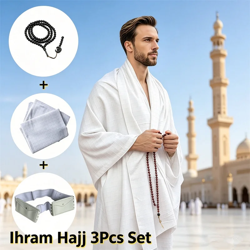 Islam Men 3Pcs Ihram Hajj Clothing Pilgrim Shawl Towel Prayer Tasbih Beads Bag Arab Ramadan Worship Thobe For Umrah Pilgrimage