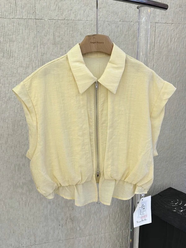 

Корейская стильная женская футболка с коротким рукавом, двойной молнией и воротником-стойкой, весна-лето, простой модный дизайн, из ацетатной ткани.