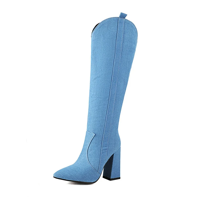 Bottes en Denim bleu pour femmes, hauteur du genou, bout pointu, fermeture éclair latérale, bottes de fête, grande taille 43, 2022