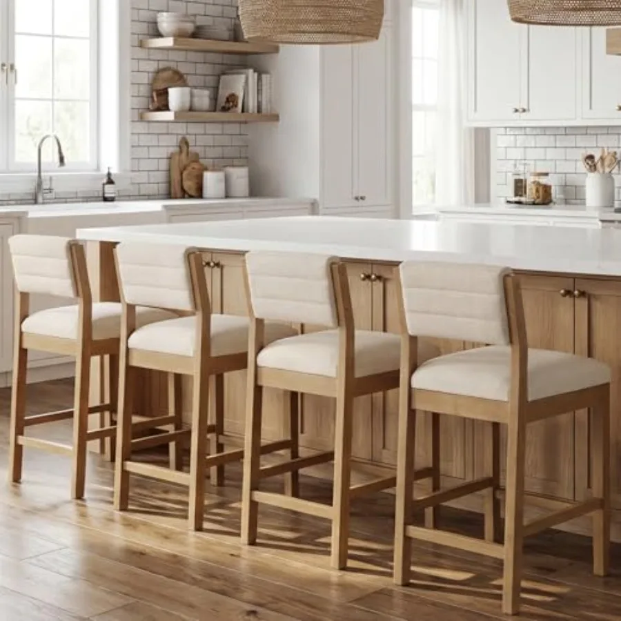 

26" H Counter Height Bar Stools Set of 4, Wooden Bar Stools with Backrest, Linen Upholstered Kitchen Island Stools, 330LBS Load