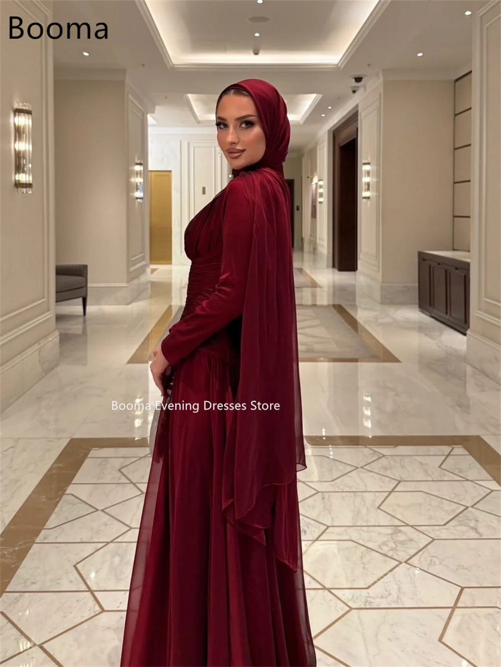 Booma Elegant A-Line O-Neck Pleat Dresses Formal Party Gowns for Women Shiny Long Sleeve Prom Gown Customize 2025