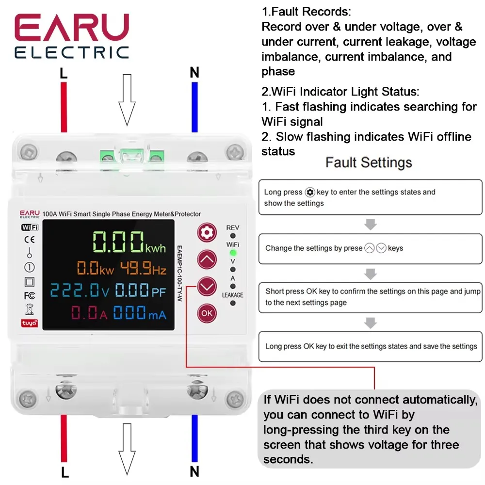 2P 100A Tuya Wifi Smart Bi-Directional Volmeter Ammeter kWh Energy Meter Leakage Protection Timer Switch Relay Power Monitor