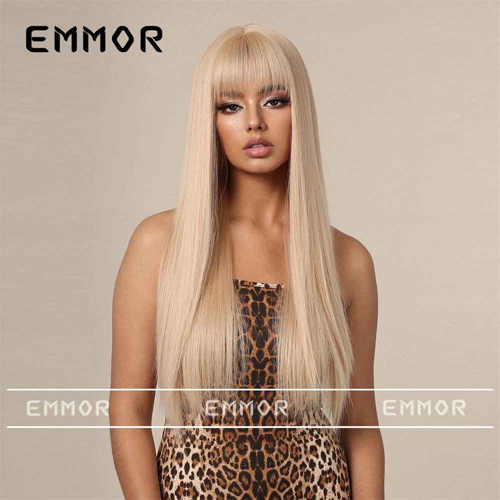 شعر مستعار بني شامبانيا، شعر أسود طويل مستقيم غطاء رأس كامل، شعر مستعار صناعي مع غرة، مناسب للنساء #4