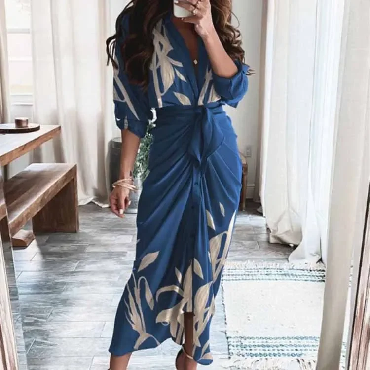 Frauen Boho Print lange Hemden Kleid Sommer Turn-Down-Kragen Party kleid unregelmäßige Falte Schnür Frauen Kleid weibliche Abendkleider