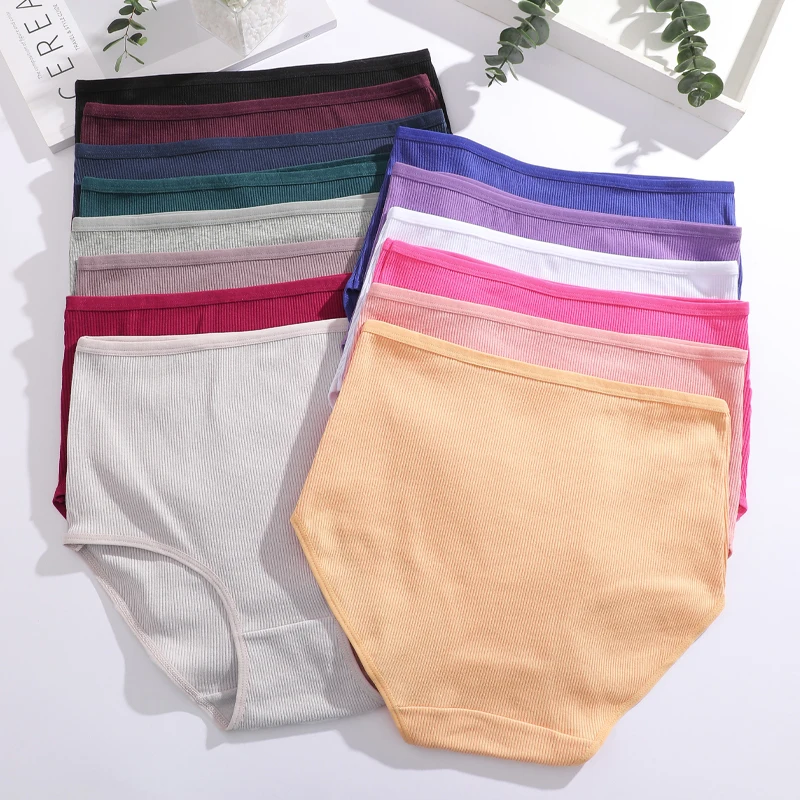 4 ks/sada bavlněného pruhovaného spodního prádla pro ženy, plus size vysoký pas, kalhotky, dámské prodyšné, jednobarevné, měkké spodní prádlo, kraťasy - náhled 4