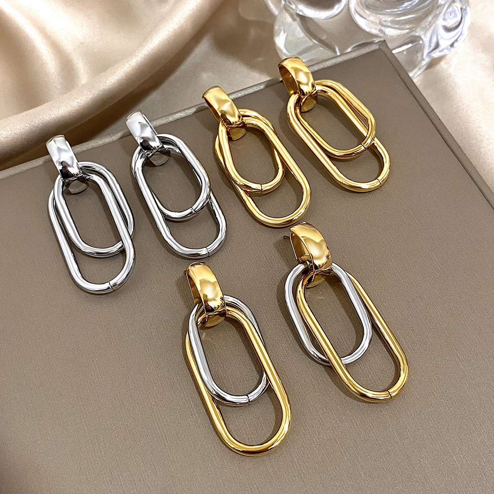 Mode Edelstahl Gold Silber Farbe Tropfen Ohrringe für Frauen Glänzend Doppel Schicht U-förmigen Anhänger Ohrringe Schmuck Geschenke