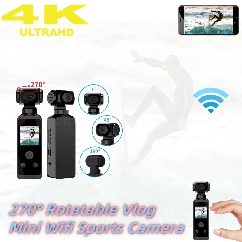 

4K Ultra HD Mini Wifi Sports Camera 270° Rotatable Vlog Pocket Action Cam Waterproof Case Helmet Travel Bicycle Driver Recorder