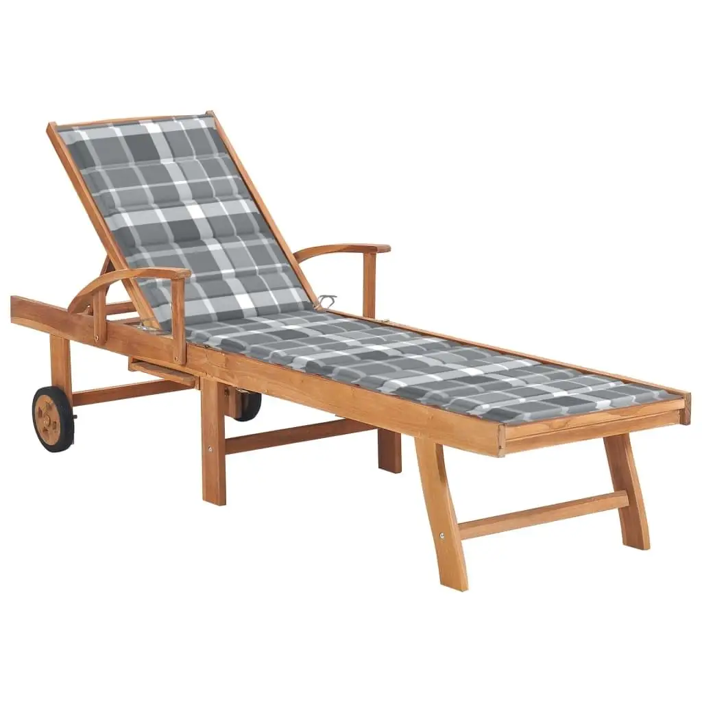 Gray Check Pattern Cushion Sun Lounger - Solid Teak Wood Outdoor Furniture