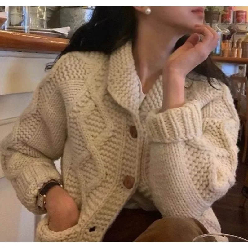 Heavy Industry Coarse Needle Twist Sweater Lapel Pocket Autumn and Winter Jacket