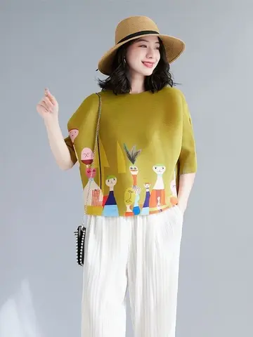 여름 새 여성의 루즈 피트 프린트 티셔츠 반팔 캐주얼 세련된 Pleated Top 플러스 사이즈 슬리밍 다목적