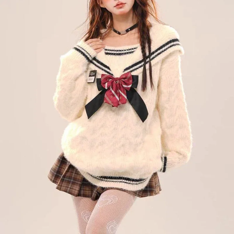 

Deeptown Preppy Style Kawaii Knitted Pullover Women Sweet Elegant Sailor Collar Sweaters Bow Patchwork Japanese Vintage Pullover