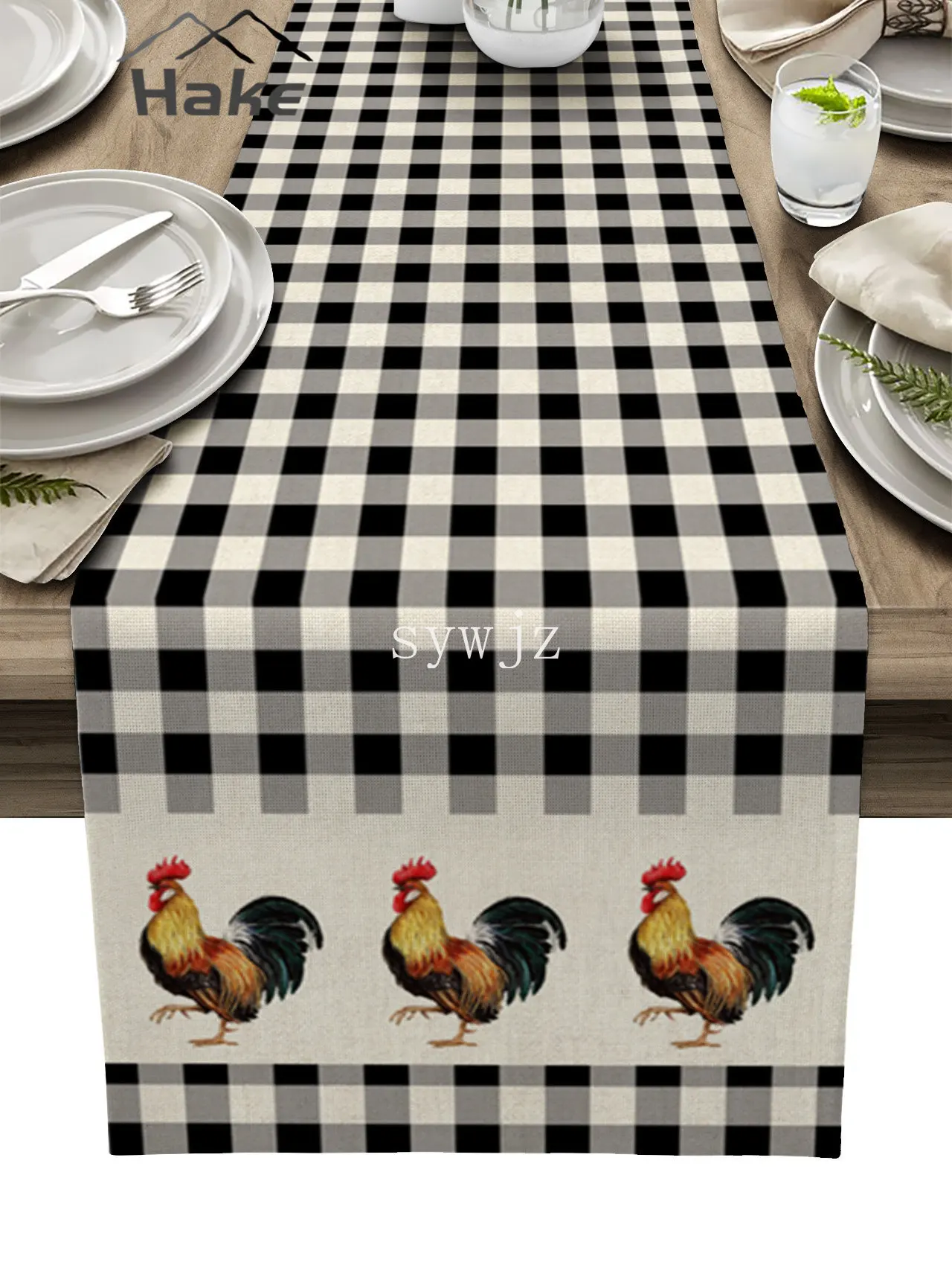 

Farm Rooster Black and White Plaid Table Runner Holiday Kitchen Dinner Tablecloth Wedding Party Table Decoration Table Mat