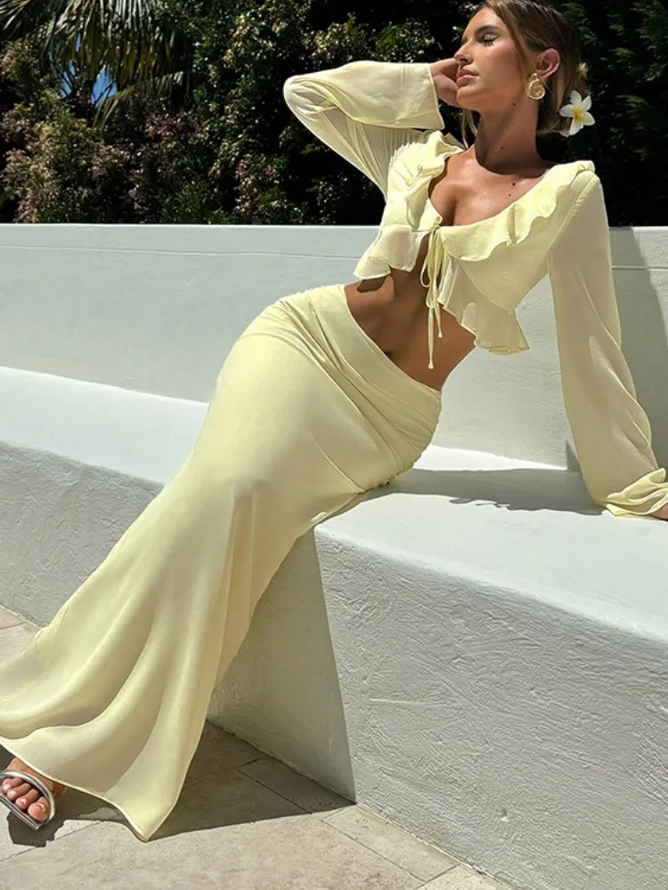 ชุดคลุมว่ายน้ำแบบ 2 ชิ้น เสื้อครอปและกระโปรงยาว ชุดว่ายน้ำแฟชั่นสีพื้นแบบโปร่ง เซ็กซี่ ชุดคลุมชายหาด