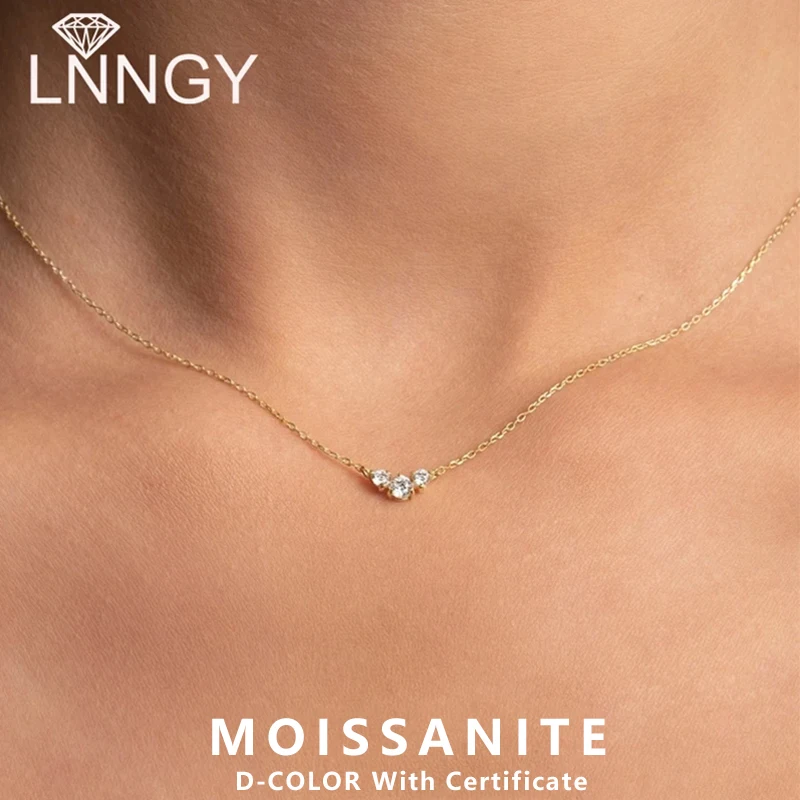 Lnngy 925 Silver Necklace for Women Men Three Stone Moissanite Pendant Necklaces Certificated Chain Link Fashion Neck Jewelry