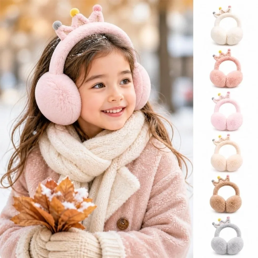 Cute Cartoon Crown Ear Muffs Windproof Portable Foldable Ear Warmers Soft Fluffy Ear Covers For Girls Kids