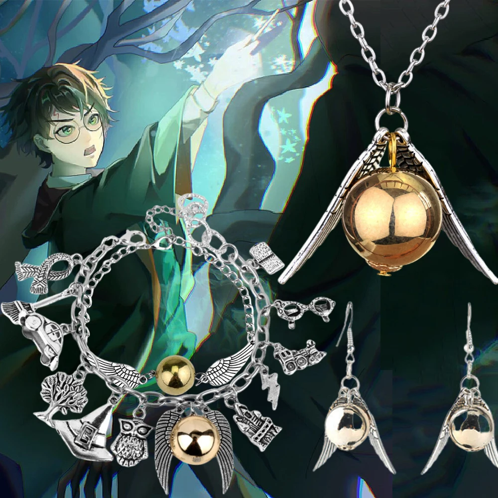 Harries Potters cosplay Wings charms Bracelet Snitch metal ball pendant necklace earring keychain props accessories fans gifts