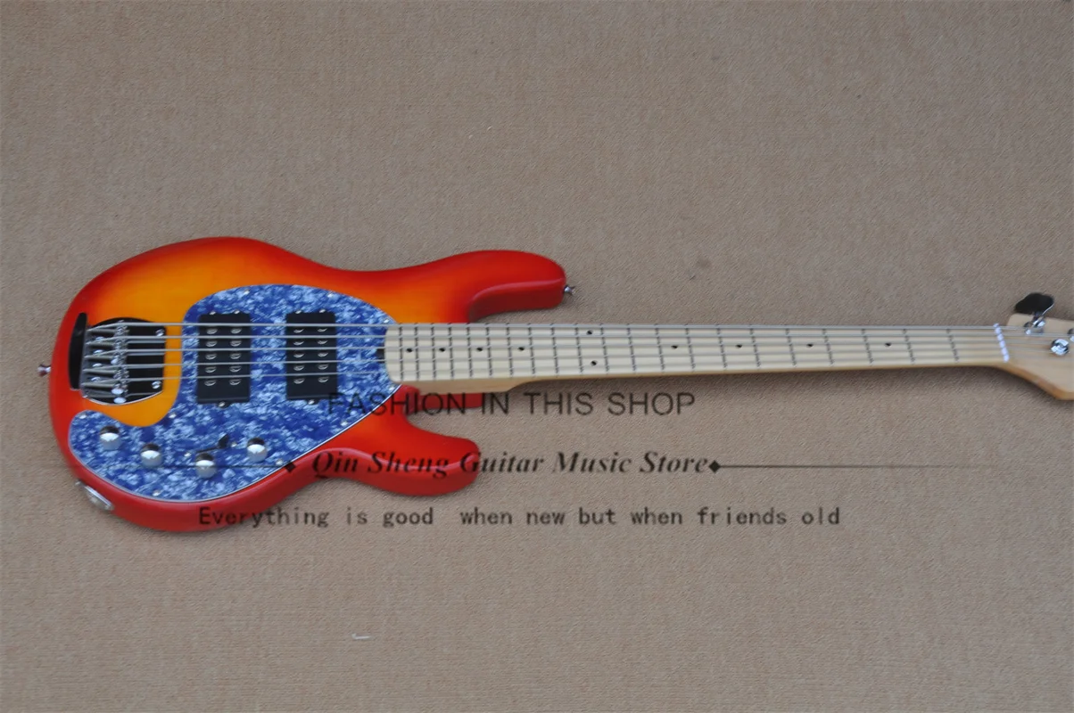 5 Strings Cherry Sunburst Bass Guitar Basswood Body Maple Neck Blue Pearl Pickguard Active Battery