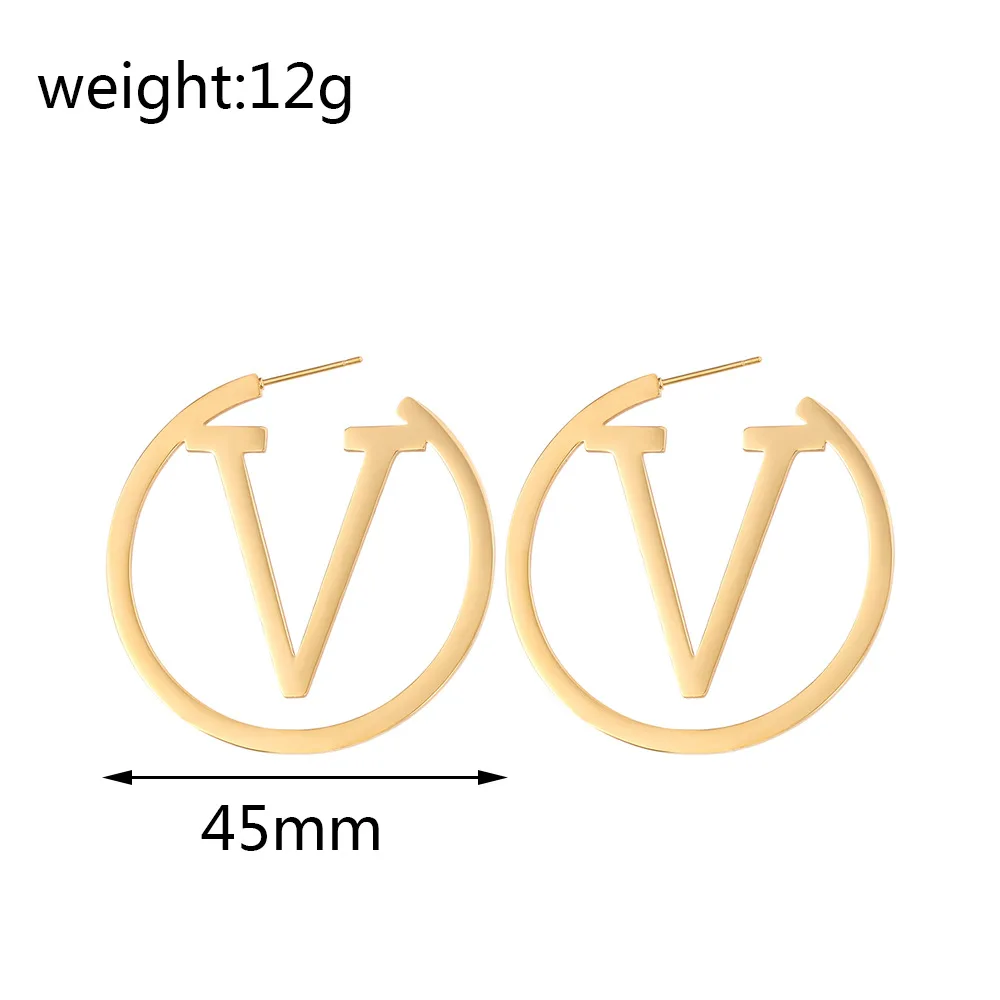 Punk Stainless Steel Earrings For Women Fashion Metal V Letter Circle Statement Big Round Gold Plated Hoop Earrings Jewelry