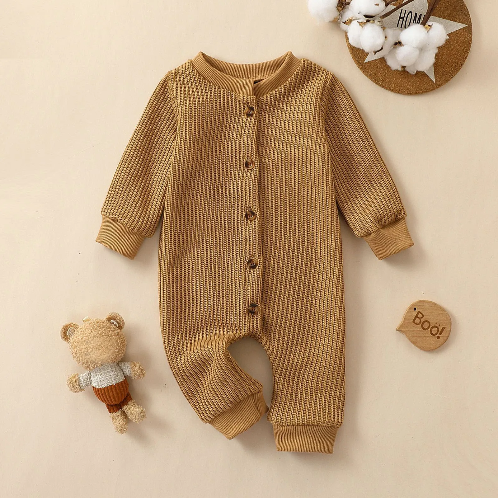 

Toddler Jumpsuit Newborn Baby Girl Boy Fall Romper Ribbed Long Sleeve Clothes Button Down Closure Jumpsuit Organic Baby Overalls
