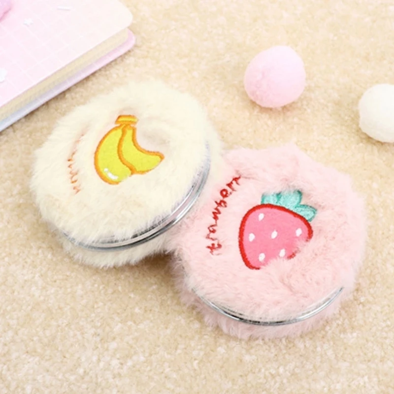 Miroir de poche en peluche de dessin animé pour femmes et filles, mini broderie ronde pliante, fruit animal, document aléatoire, GU449