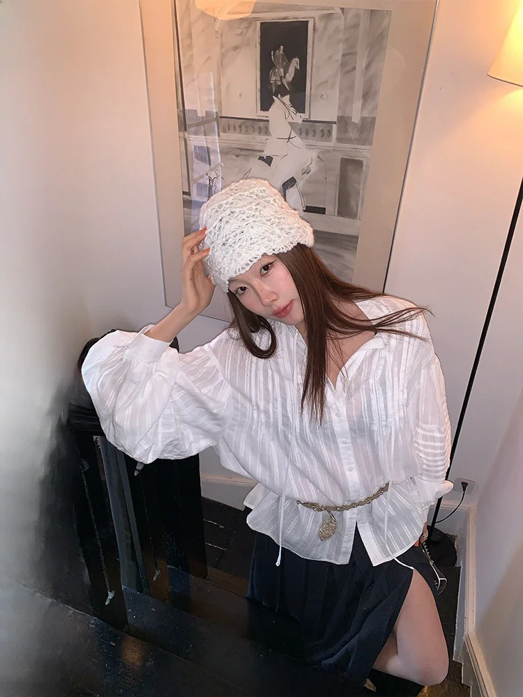 

Ranwear Vintage Bubble Sve Pred Texture Sunscreen irt Korean Sle Loose Fit Cotton Long Sve Plaid Patterned