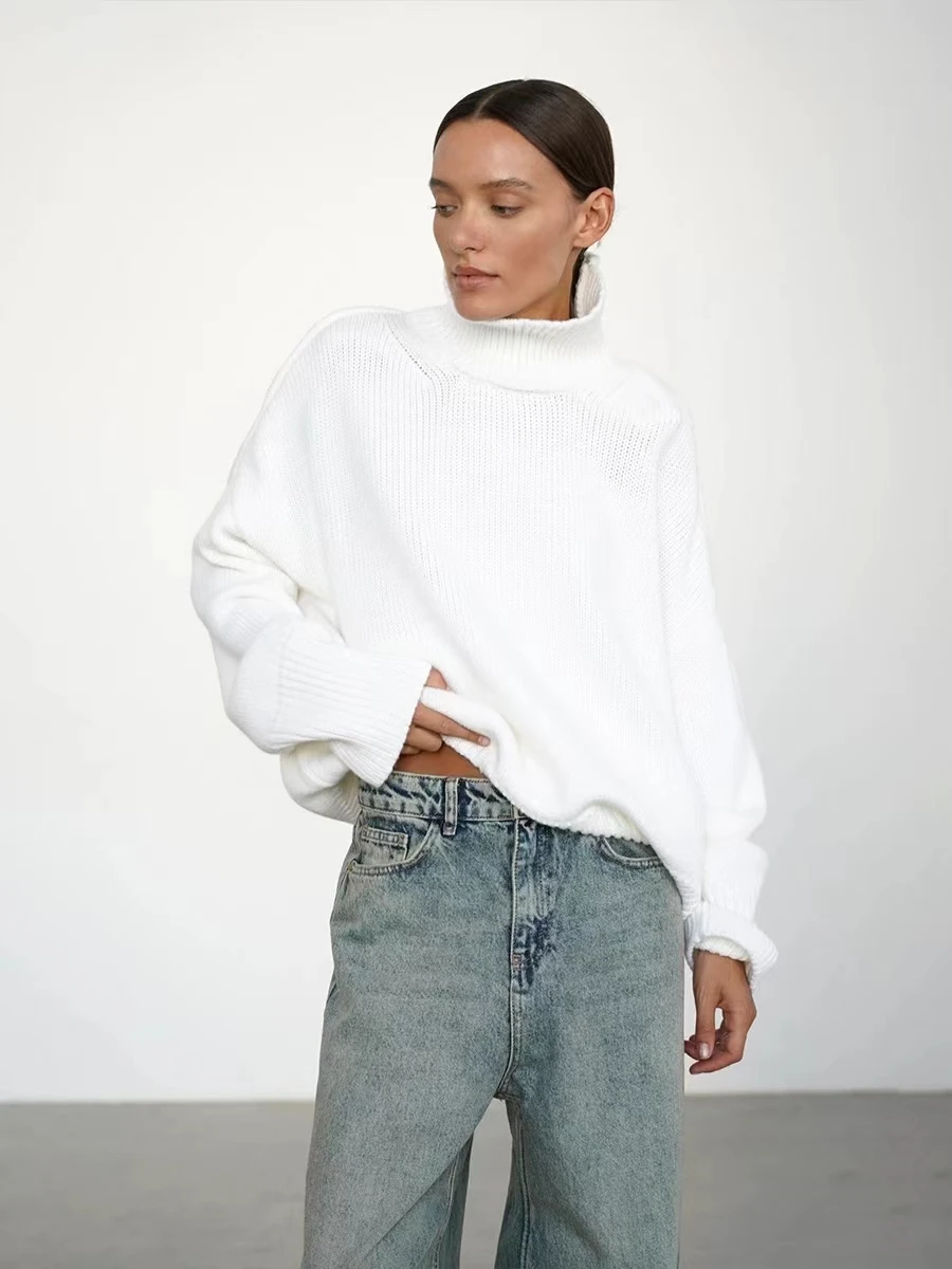 

Loose High Neck Knitted Sweater Pure Color Autumn Winter Women's Comfortable Breathable Knitwear Casual Fashion Style