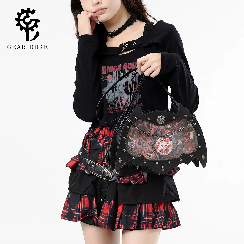 Crossbody Bag for Women Ita Bag Transparent Pocket PU Leather Zipper Rivets Cartoon Print Black Daily Casual