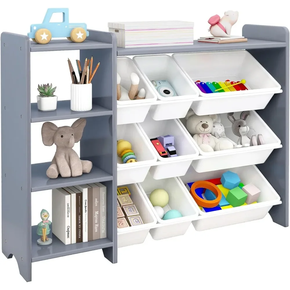 

Children's bookshelf,4-layer children's toy storage rack-100% solid wood children's storage cabinet,equipped with 9plastic boxes