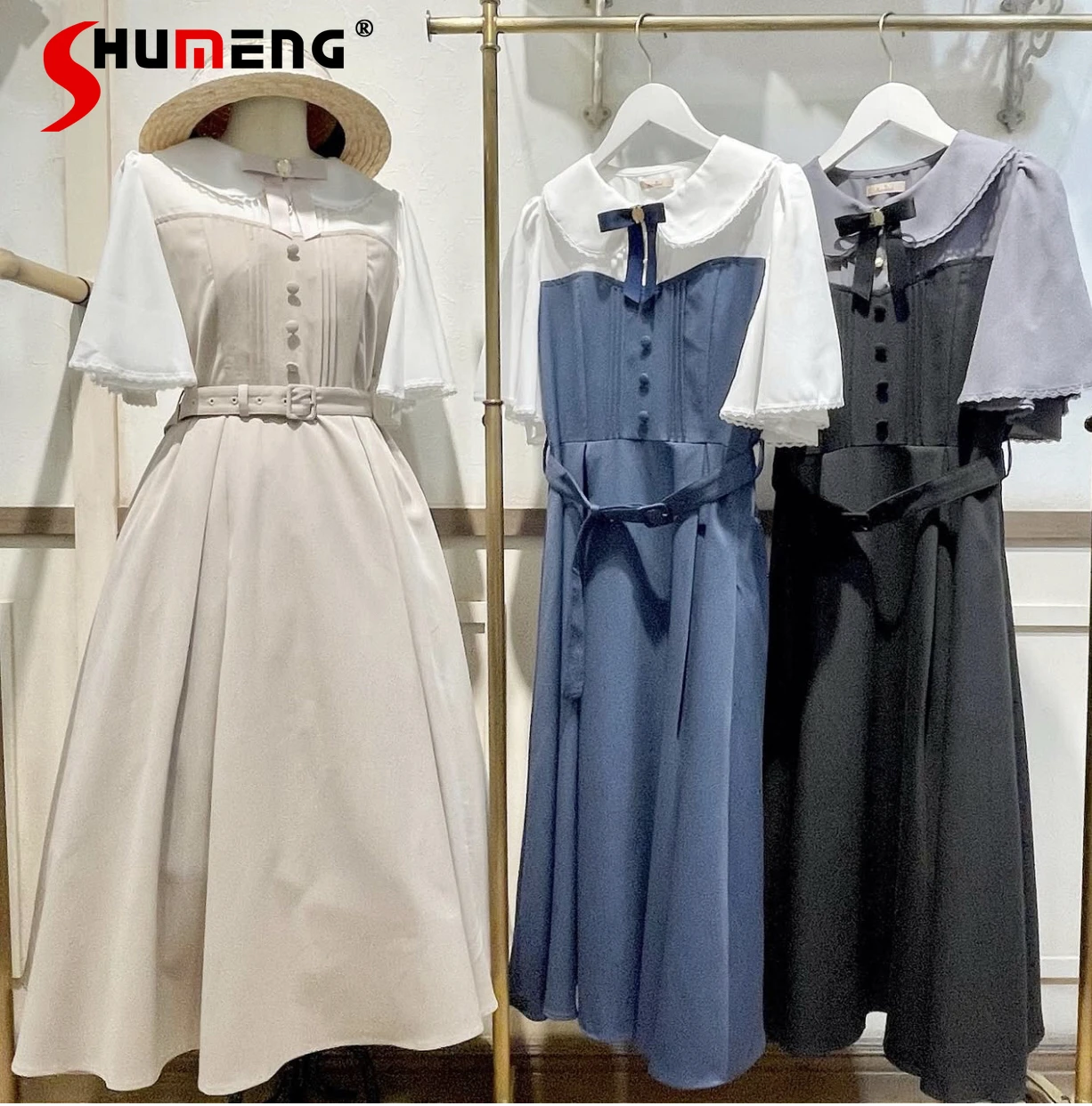 

Japanese Style Elegant Sweet Doll Collar Bow Short Sleeve Single Breasted High Waist Belt Slim A-line Long Dress Women Summer