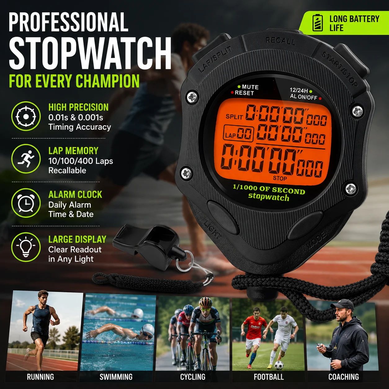Stopwatch Timer,Digital Stop Watch with 0.01second & 0.001second Timing,for Coach Sports Running Marathon