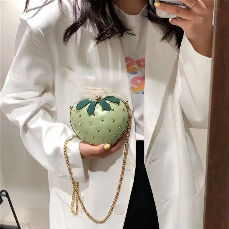 Cute Fruit Strawberry Heart Shape PU Rivet Mini Fashion Ladies Chain Purse Clutch Bag Shoulder Bag Tote Female Flap Handbag