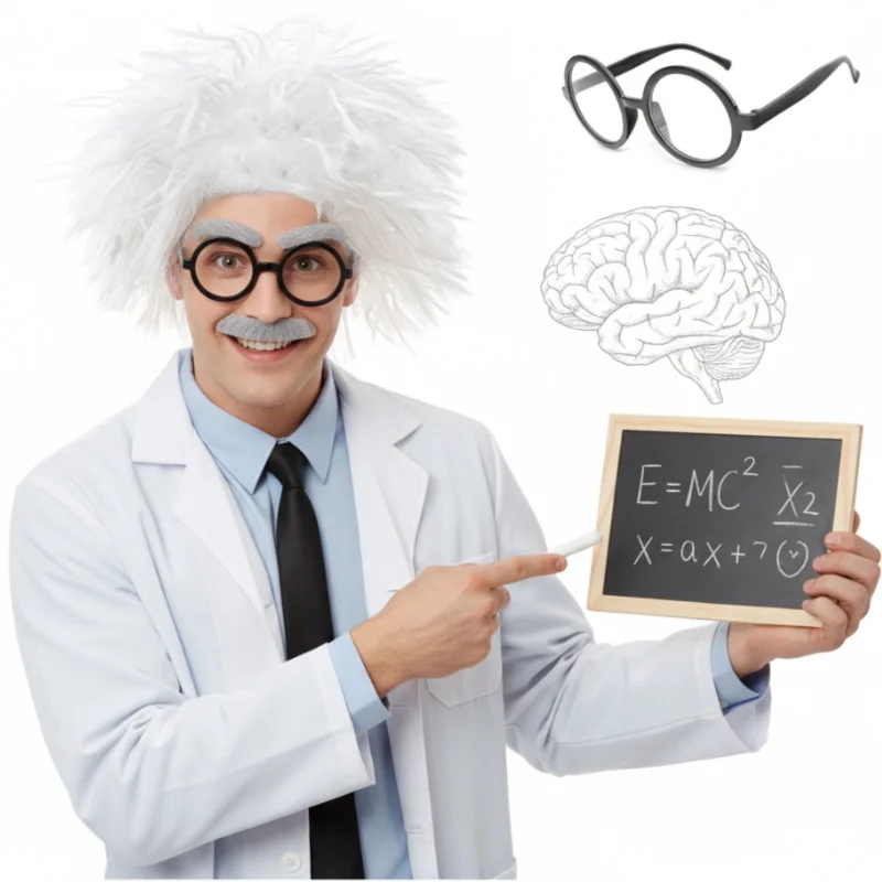 Mad Scientist Costume Set White Fluffy Hair Round Eyeglasses Fake Eyebrow Mustache For Halloween Party Old Man Cosplay Accessory