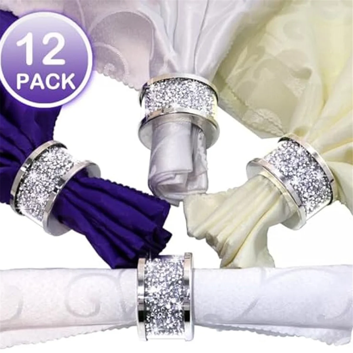 12pcs Crystal Glass Napkin Holder Napkin Rings,Glam Crushed Diamond Table Settings Bling Serviette Buckles Cloth Holder